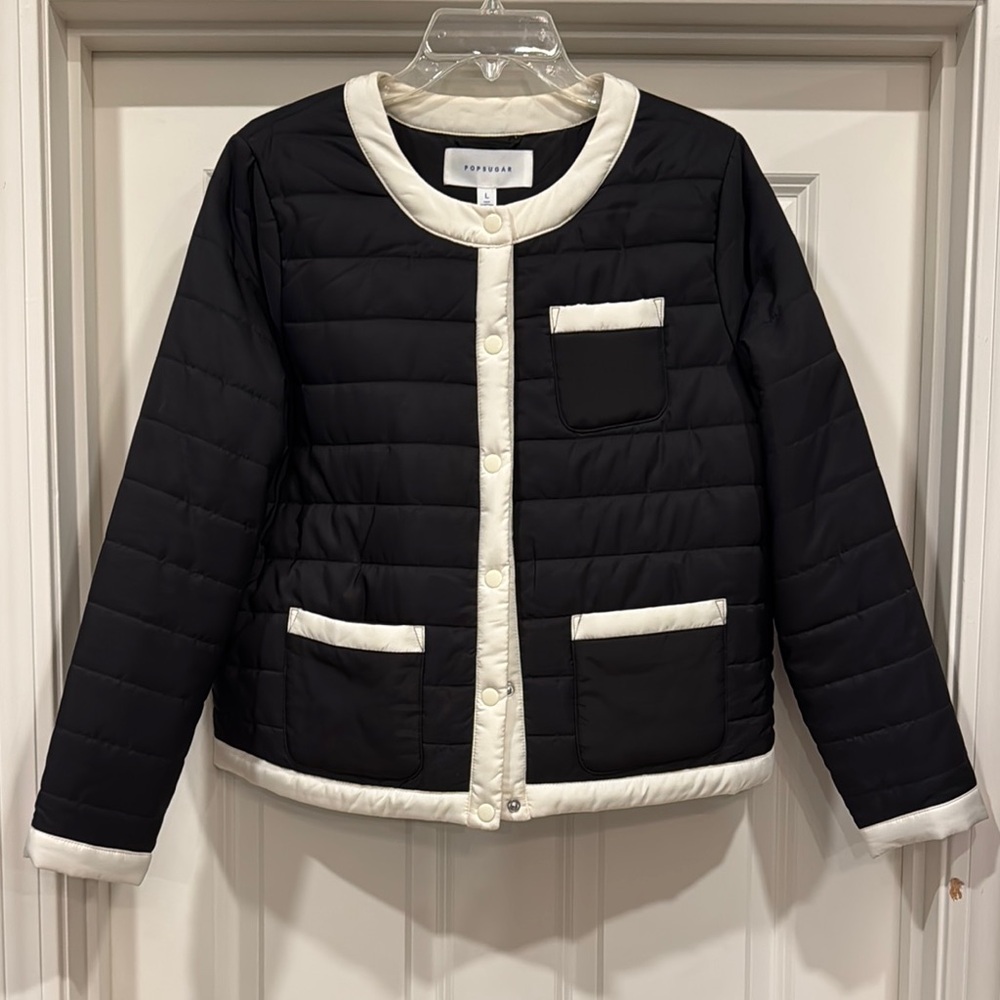 NEW Popsugar Coco Chanel Black and Cream Puffer Jacket Size Large